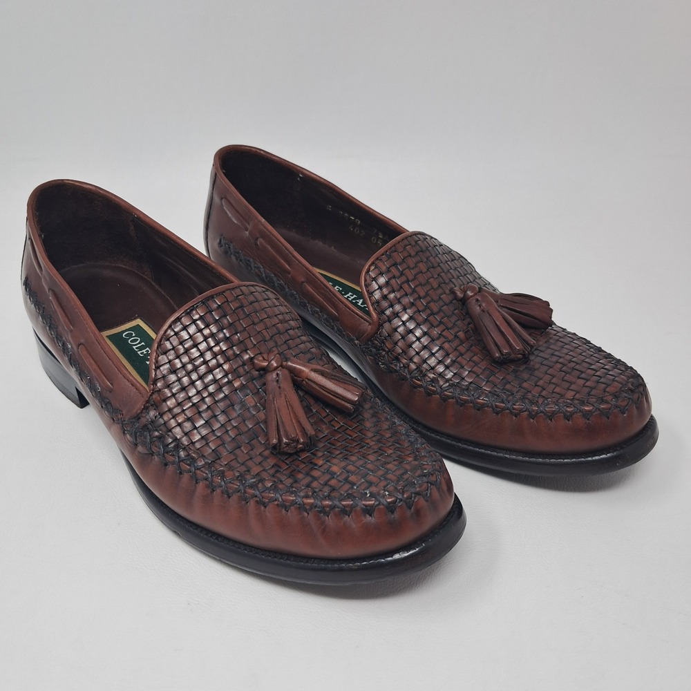 COLE HAAN Woven Leather Tassel Loafers Women Sz 7.5 AA Narrow Brown Slip On VTG